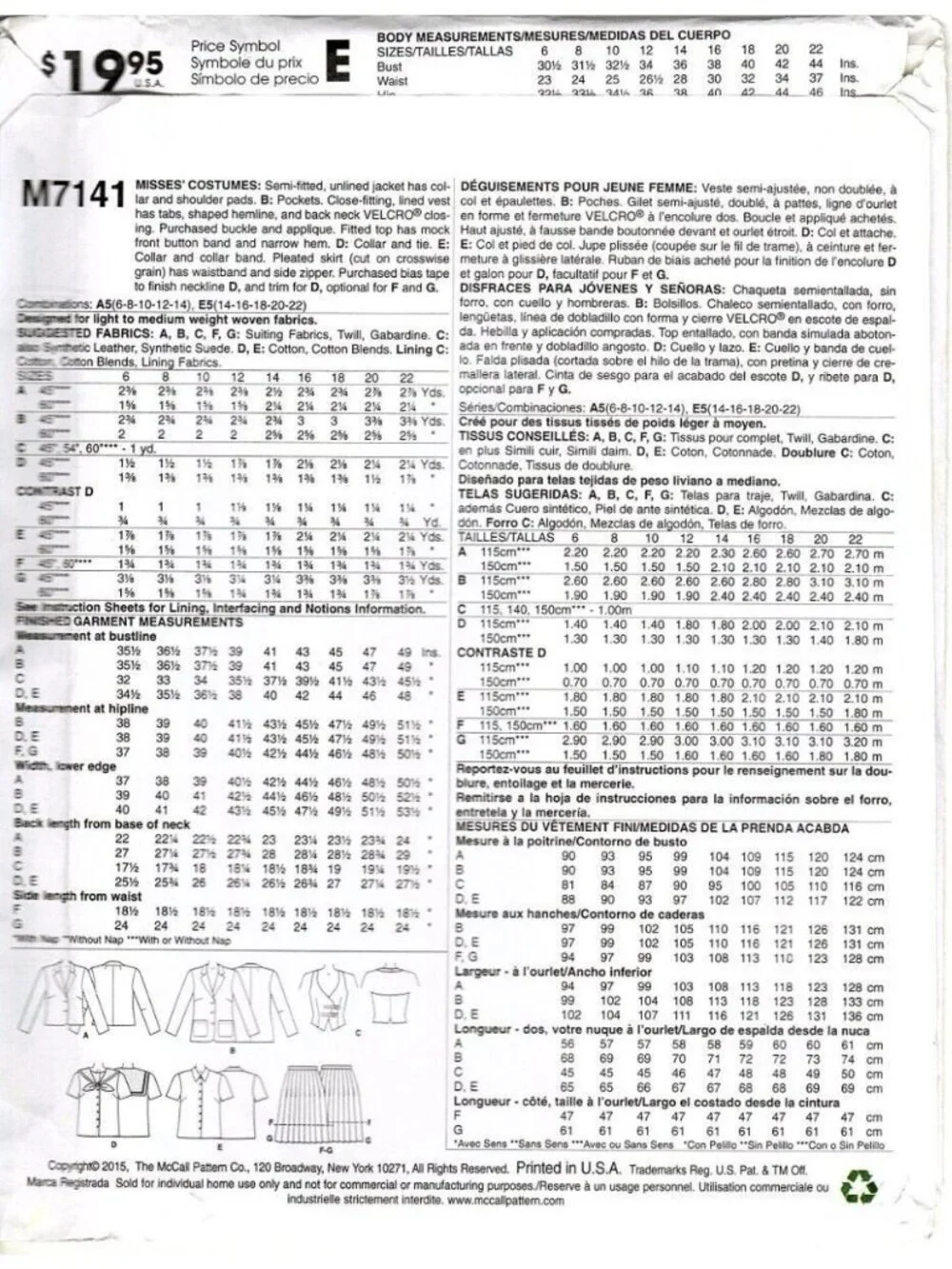 McCalls M7141 Misses 14-22 School Girl Uniform Cosplay Costume Sewing Pattern